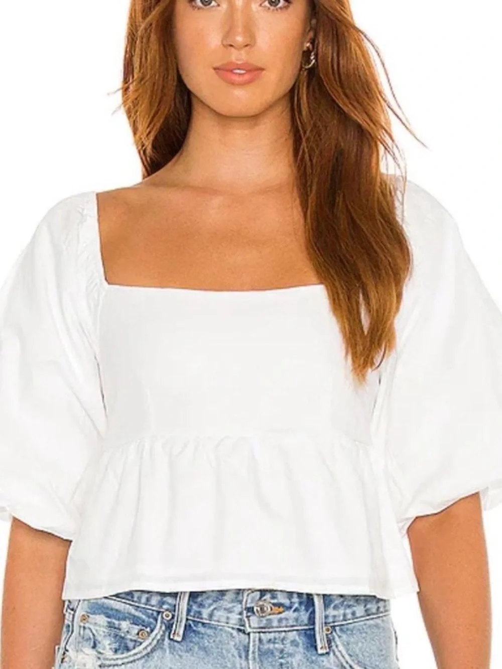 Faithfull the Brand Quincy White Puff Sleeve‎ Square Neck Peplum Top 4